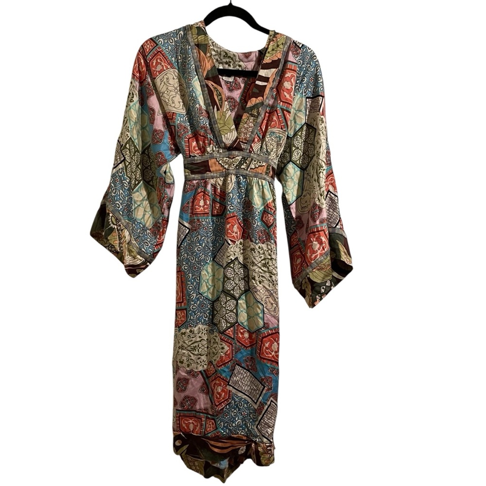 SINGLE DRESS Multicolored Mixed Print Kimono Sleeve Silk Dress